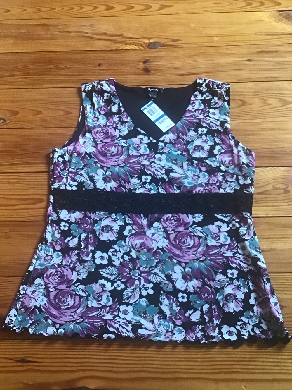 Style & Co. Purple Floral V-Neck Sleeveless Tank with Black Lace Waist